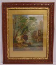 J R Holland framed and glazed watercolour of figures on a woodland path by a river, signed bottom