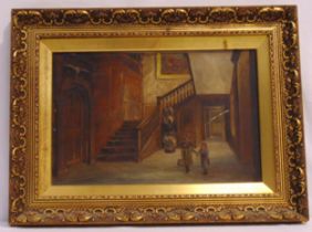 A framed 19th century oil on canvas of children in the hallway of a manor house A/F, 24 x 37cm