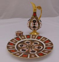 Royal Crown Derby Imari pattern ewer, a matching cabinet plate and a covered box (3)