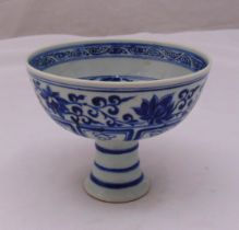 A Chinese blue and white stem cup decorated with a dragon, flowers and leaves, 12cm (h)