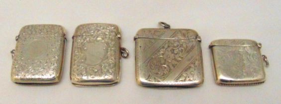 Four hallmarked silver vesta cases, various shape, form and decoration, approx total weight 126g