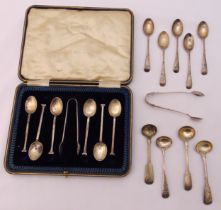A cased set of hallmarked silver coffee spoons, a pair of sugar tongs and a quantity of hallmarked
