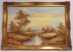 Ben Thomas framed oil on panel of a country landscape with a stream and houses, signed bottom right,