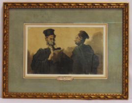 A framed and glazed watercolour of two Juriasts, labelled Honore Daumier and monogrammed HD