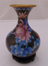 Cloisonné baluster vase decorated with flowers and butterflies, to include hardwood stand, 26cm (h)
