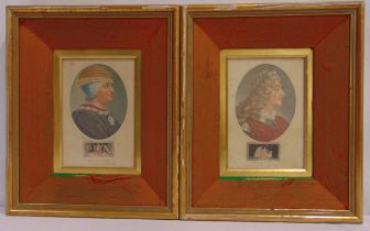 A set of four framed and glazed polychromatic prints depicting George II, Louis XI and Louis XIV,