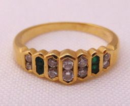 18ct yellow gold diamond and emerald cocktail ring, approx total weight 2.6g