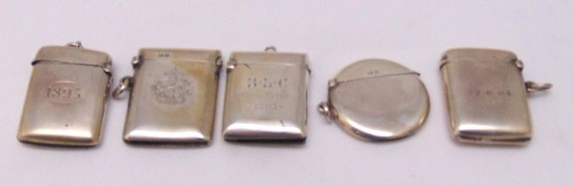 Five hallmarked silver vesta cases, various shape, form and decoration, approx total weight 128g