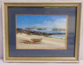 John Hamilton framed and glazed watercolour of a stranded boat on a beach, label to verso, 11 x