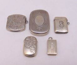 Five hallmarked silver vesta cases, various shape, form and decoration, approx total weight 112g