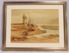 Thomas Mortimer framed and glazed watercolour of sailing boats by a lighthouse, signed bottom left
