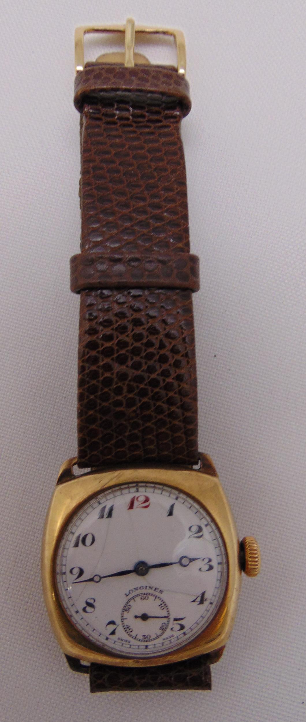 Longines 9ct gold early 20th century gentlemans wristwatch, white dial with Arabic numerals and