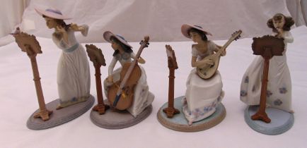 Four Lladro figurines of girls playing musical instruments, marks to the bases (one A/F) tallest