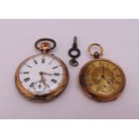 Two pocket watches, one hallmarked K14 to include key and engraved gilt dial another with white dial