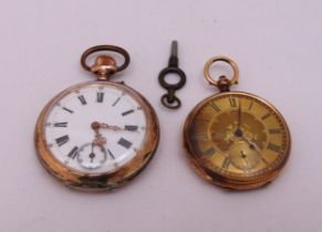 Two pocket watches, one hallmarked K14 to include key and engraved gilt dial another with white dial