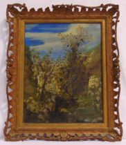A framed 19th century oil on board of a grapevine with birds and foliage, 38.5 x 29.5cm
