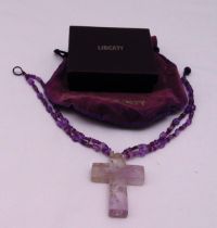 Liberty design amethyst crystal crucifix on amethyst beaded necklace, in original box and pouch