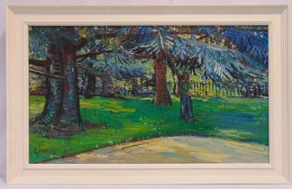 John Livesey (1926-1990) framed oil on board of figures standing by trees, label to verso, signed