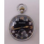 Jaeger LeCoultre WWII military pocket watch, black dial with Arabic numerals and subsidiary