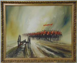 John Bampfield framed oil on canvas Column of Soldiers, signed bottom left, 60.5 x 76cm, ARR