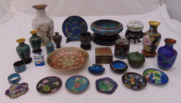 A quantity of oriental cloisonné to include vases, dishes, coasters and covered boxes (28) tallest