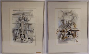 Edna Lumb two framed and glazed drawings of oil pumps from Tower Bridge, labels to verso, signed