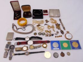 A quantity of costume jewellery and collectables to include wristwatches, coins and earrings