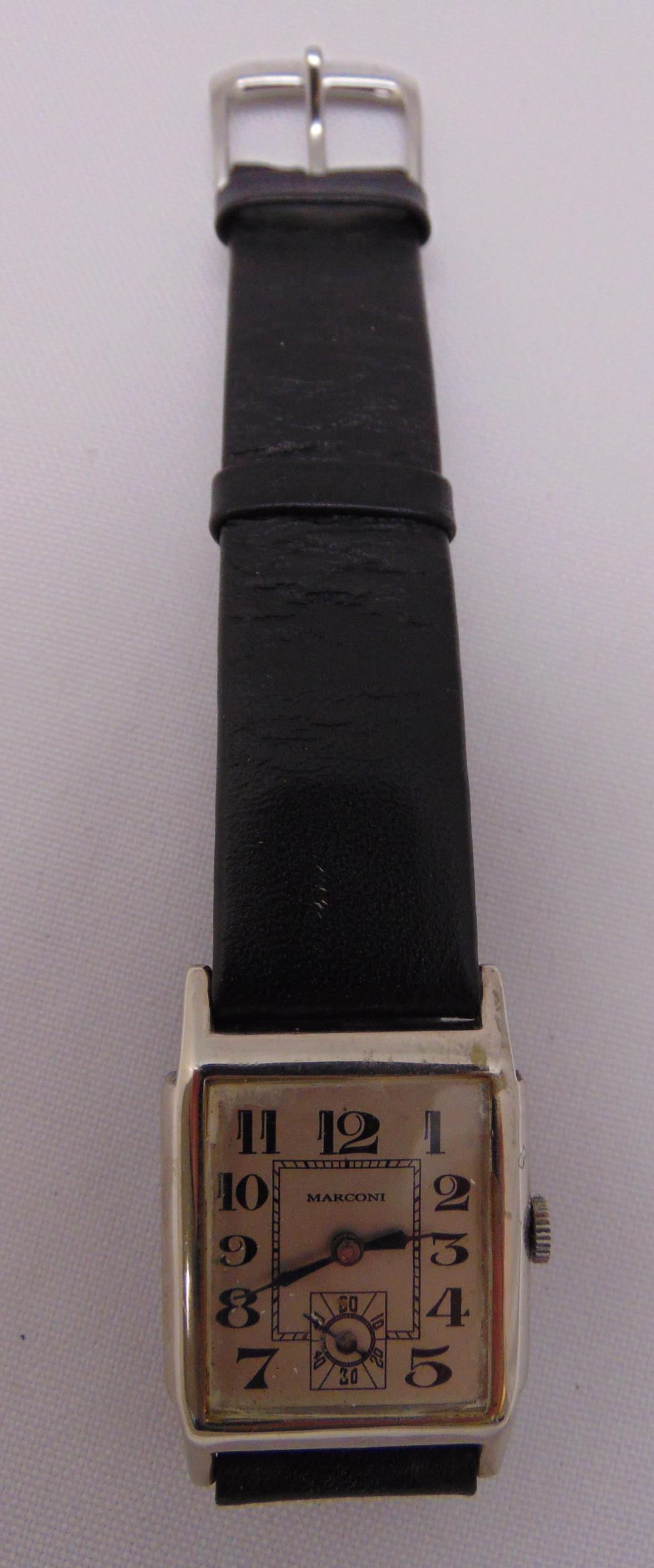 Marconi early 20th century gentlemans wristwatch, silvered dial Arabic numerals and subsidiary