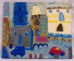 Neil Turner oil on canvas titled Rue de Buci Paris, signed bottom right, details to verso, 46 x