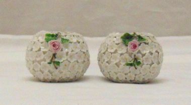 A pair of miniature porcelain rose bowls with applied flowers, blue anchor mark to the bases with