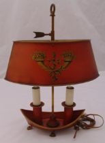 A French Bouillote painted metal two light table lamp on shaped oval base, 41cm (h)
