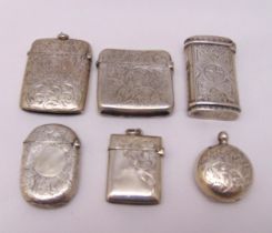 Five hallmarked silver vesta cases, various shape, form and decoration and a circular sovereign case