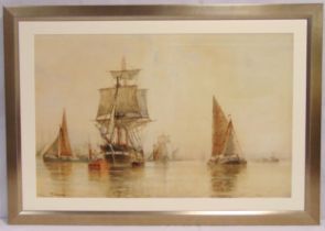 F.J. Aldridge framed and glazed watercolour of boats titled On The Mersey, signed bottom right, 45 x