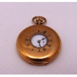 Dennison 9ct gold cased half hunter pocket watch, white enamel dial, subsidiary seconds dial,