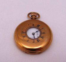 Dennison 9ct gold cased half hunter pocket watch, white enamel dial, subsidiary seconds dial,