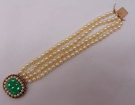 14ct yellow gold four strand cultured pearl and jade bracelet