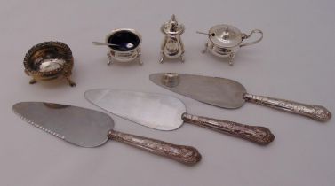 A quantity of hallmarked silver to include condiments and cake slices