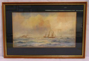 William Stephen Tomkin framed and glazed watercolour of sailing ships in rough seas, signed bottom