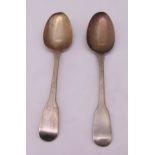 Two George III fiddle pattern hallmarked silver tablespoons, London 1813 and 1814