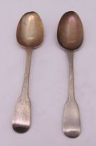 Two George III fiddle pattern hallmarked silver tablespoons, London 1813 and 1814