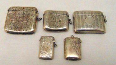 Five hallmarked silver vesta cases, various shape, form and decoration, approx total weight 130g