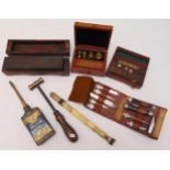 A quantity of collectables to include a tool kit, a gas hammer, a shoe size measure, a blade