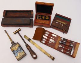 A quantity of collectables to include a tool kit, a gas hammer, a shoe size measure, a blade