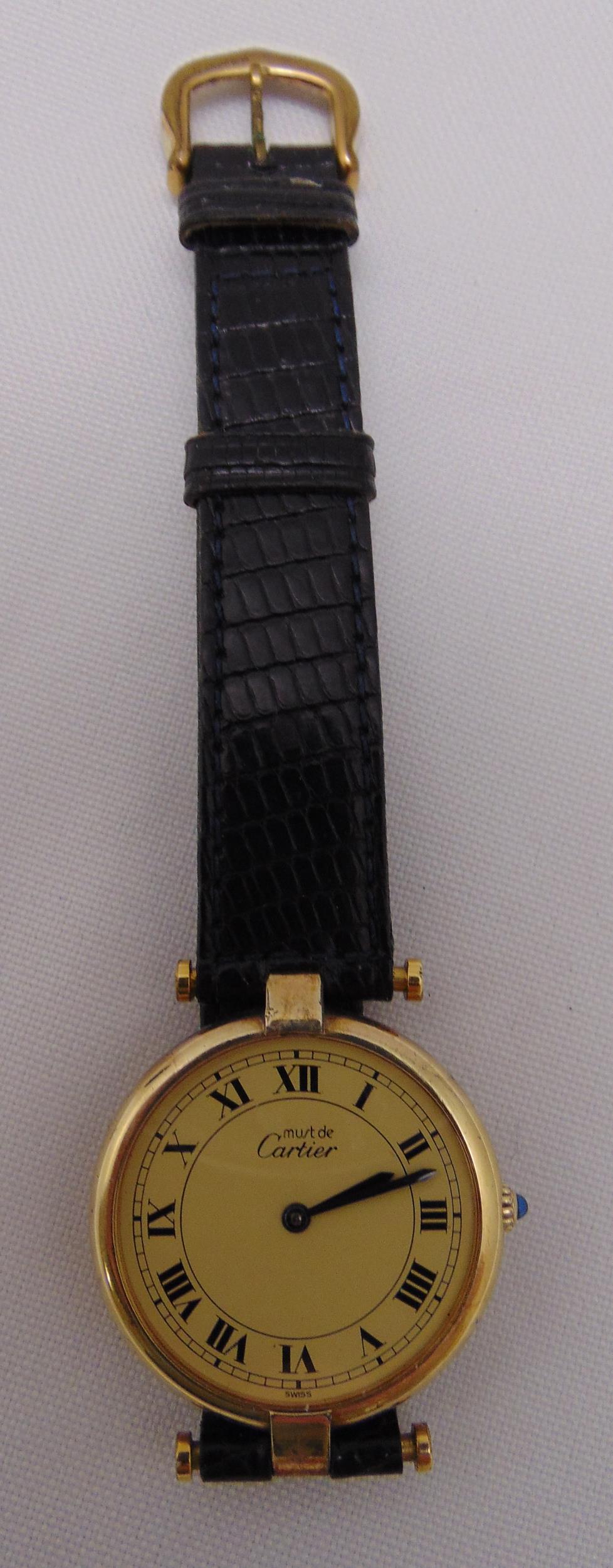 Must de Cartier gold plated ladies wristwatch on original leather bracelet