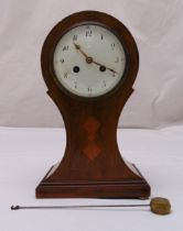 An Edwardian mahogany and satinwood inlaid mantle clock, two train movement, to include key and