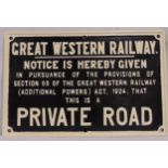 Great Western Railway cast iron Private Road sign, 41.5 x 64cm