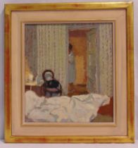 Bernard Dunstan framed oil on board of a bedroom titled Hotel St Domingue Die, monogrammed bottom
