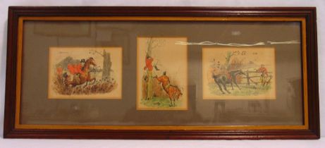 C.E. Brock framed and glazed early 20th century watercolour of three hunting scenes, signed bottom