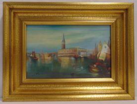 Hugh Ross framed and glazed oil on board of a Venetian scene, signed bottom left, 18 x 29cm