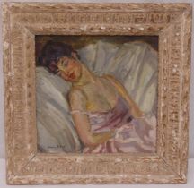 Jacques Emile Blot framed oil on canvas of a recumbent lady, signed bottom right, 43 x 44cm, ARR